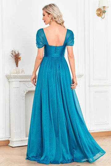 Blue A Line Ruched Formal Dress with Slit